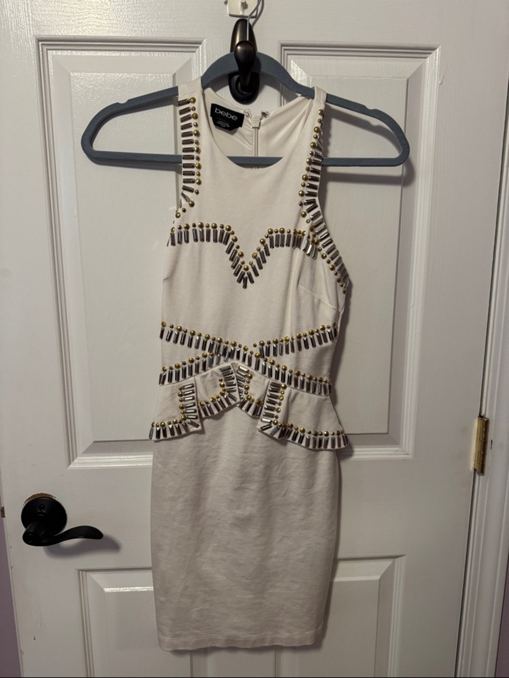 bebe White Embellished Peplum Mini Dress with Gold Accents Preloved Condition